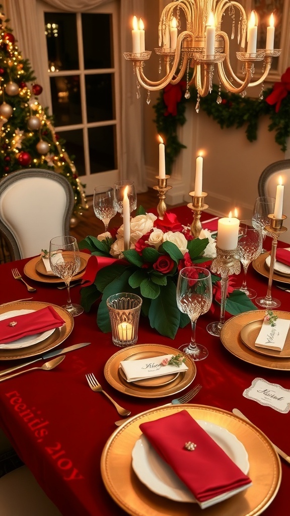 Kardashian-inspired Christmas table setting with red tablecloth, gold dinnerware, floral centerpieces, and candles.